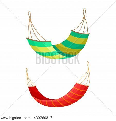 Hanging Fabric Hammocks Set. Rope Swing For Beach Or Summer Outdoor Recreation Vector Illustration