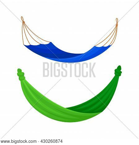 Green And Blue Hanging Fabric Hammocks Set. Rope Swing For Beach Or Summer Outdoor Recreation Vector