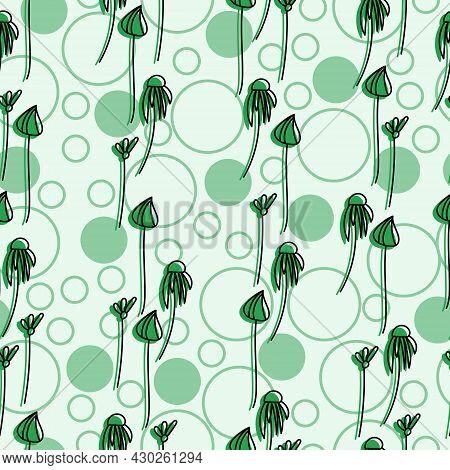 Seamless Pattern Of Delicate Doodle Flowers With A Green Silhouette And Different Circles On A Light