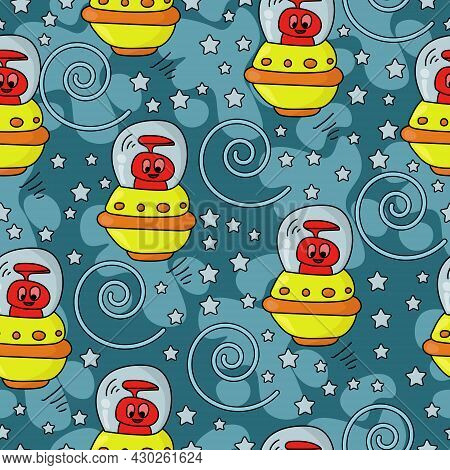 Seamless Pattern Of Bright Red Aliens In Yellow Spaceships, Ufo And Stars On A Blue Background Vecto