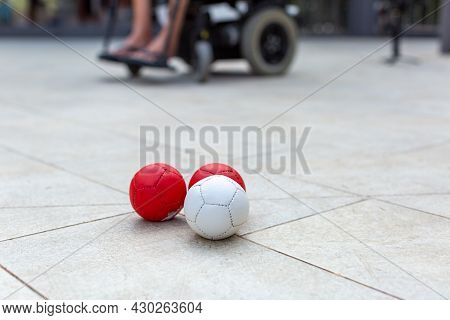 Disabled Boccia Player Playing On A Wheelchair