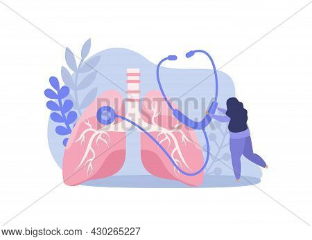 Lung Inspection Flat Icons Composition With Female Doctor Holding Sthethoscope And Human Lungs Vecto