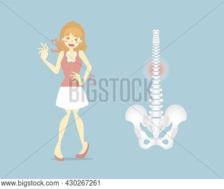 Woman Having Back Pain, Backache, Neck, Upper, Lower, Waist Pain,  Anatomy Of Human Spine, Health Ca