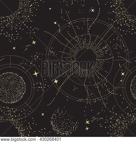 Galaxy Universe Mystic Background, Night Sky Design. Sacred Geometry Signs  
 Constellation, Sun,  M
