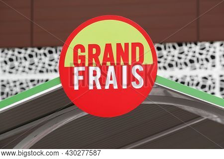 Limonest, France - July 3, 2021: Grand Frais Supermarket Logo On A Signboard. Grand Frais Is A Frenc