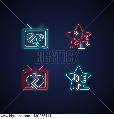 Television Series Genres Neon Light Icons Set. Pet Training. Sports Program, Tennis Broadcast. Soap 