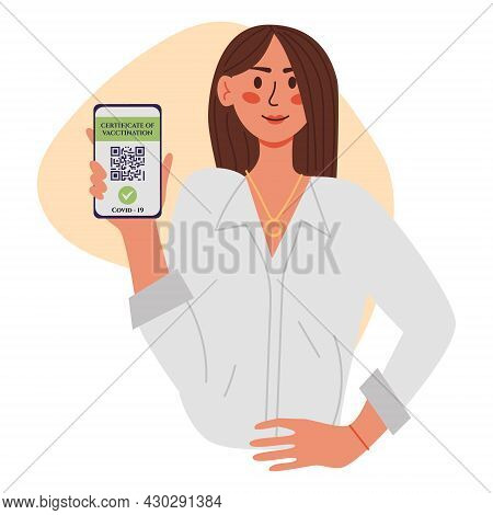 Certificate Of Vaccination Vector Flat Cartoon Illustration. Young Women Showing Smartphone With Vac