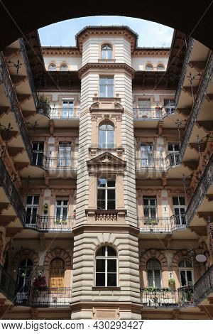 Budapest Architecture In Hungary. Historic Apartment Building Courtyard In Terezvaros District.