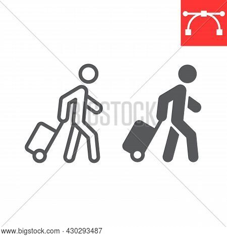 Person Pulling Luggage Line And Glyph Icon, Migration And Tourist, Passenger With Rolling Bag Vector