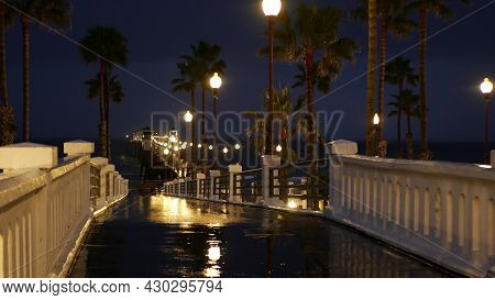 Rain Drops, Evening Dark Sky With Clouds, Oceanside California Usa. Empty Pier And Palm Trees In Twi