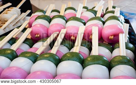 Kushi Dango Or Sanshoku Dango Japanese Traditionally Prepared For The Hanami Cherry Blossom Viewing.