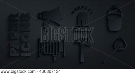 Set Firefighter Axe, Bucket, Hose Reel, Burning Match With Fire, Ringing Alarm Bell And Megaphone Ic