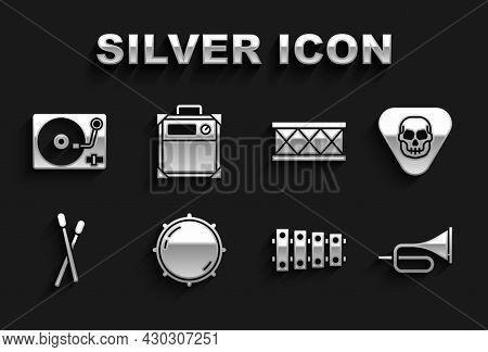 Set Dial Knob Level, Guitar Pick, Trumpet, Xylophone, Drum Sticks, Vinyl Player With Vinyl Disk And 