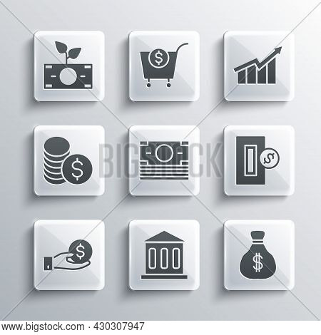 Set Bank Building, Money Bag, Inserting Coin, Stacks Paper Money Cash, Hand Giving, Coin With Dollar