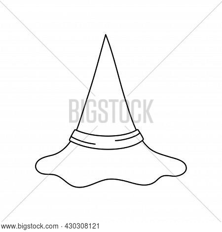 Witch Hat Vector Illustration In Doodle Style. Hand Drawn Wizard Cap For Holiday Halloween. Black Ic