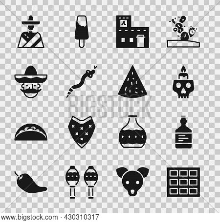 Set Chocolate Bar, Tequila Bottle, Burning Candle On Skull, Mexican House, Snake, Man Sombrero, And 