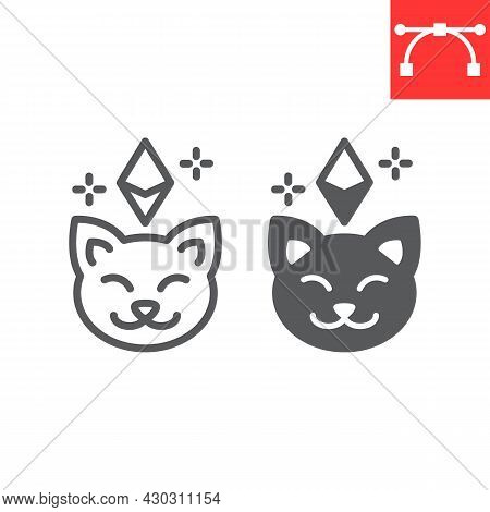 Crypto Kitty Line And Glyph Icon, Unique Token And Pet, Cat With Ethereum Vector Icon, Vector Graphi