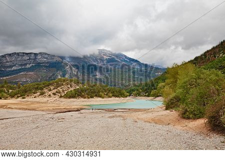 Castellane, Provence, France: Landscape Of The Castillon Lake And Mountains In The Verdon Nature Par