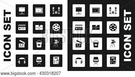 Set Home Stereo With Two Speakers, Old Film Movie Countdown Frame, Movie Clapper, Projection Screen,