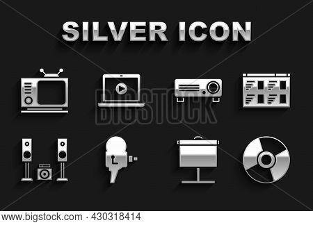 Set Retro Cinema Camera, Online Play Video, Cd Or Dvd Disk, Projection Screen, Home Stereo With Two 