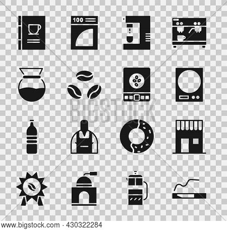 Set Cigarette, Coffee Shop, Electronic Scales, Machine, Beans, Pour Over Coffee Maker, Book And Icon