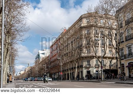 Madrid, Spain - March 7, 2021: Scenic View Of Serrano Street, A Well Known Shopping Street In Salama