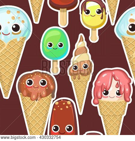 Ice Cream Pattern Seamless. Bbrown Background Illustration. Wallpaper Print. In Waffle Glasses And C