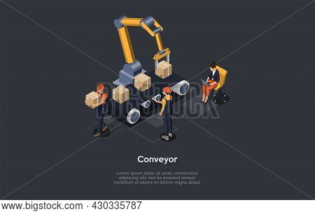 Vector Illustration In Cartoon 3d Style. Isometric Composition With Characters And Objects. Warehous