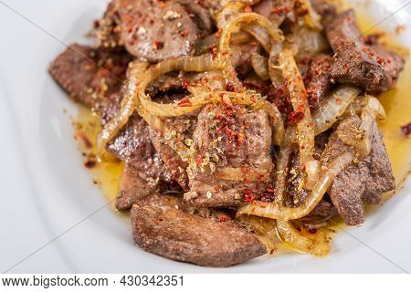 Traditional Turkish Liver Kebab Cuisine. Leaf Liver Spicy. Delicious Turkish Ciger.