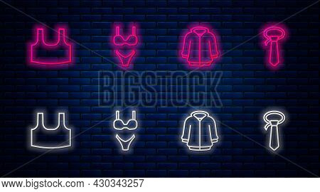 Set Line Swimsuit, Hoodie, Undershirt And Tie. Glowing Neon Icon On Brick Wall. Vector
