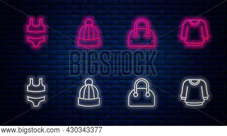 Set Line Winter Hat, Handbag, Swimsuit And Sweater. Glowing Neon Icon On Brick Wall. Vector