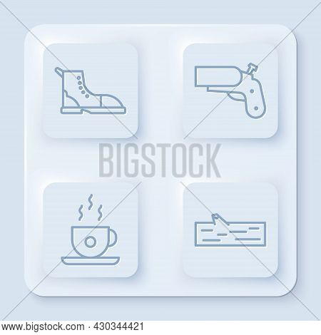 Set Line Hiking Boot, Flare Gun Pistol, Coffee Cup And Wooden Log. White Square Button. Vector