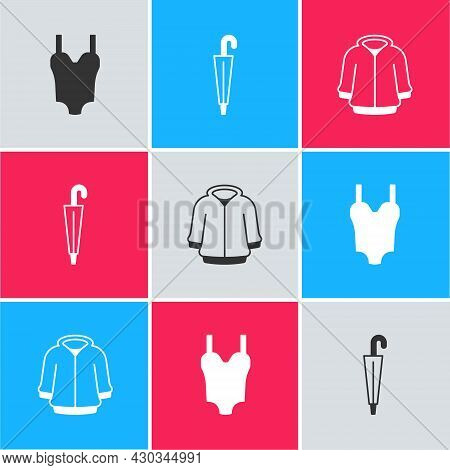 Set Swimsuit, Umbrella And Hoodie Icon. Vector