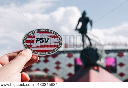 June 14, 2021 Eindhoven, Netherlands. The Emblem Of The Psv Eindhoven Football Club Against The Back
