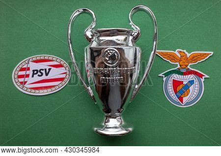 8 August 2021 Eindhoven, Netherlands. The Emblems Of The Psv Eindhoven And S.l. Benfica Lisbon And T