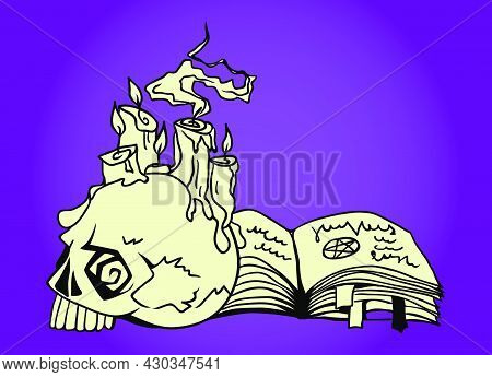 Hand Drawn Skull With Candles And Grimoire Book, Halloween Celebration Greeting Card Design Element 