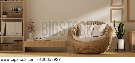 Scandinavian Cozy Living Room Interior Design, Wicker Round Chair, Wood Poster Frame Mockup, Vr Gami