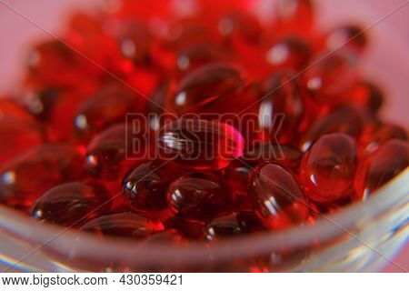 Krill Oil Capsules .omega Fatty Acids. Natural Supplements And Vitamins.red Capsules With Krill Oil