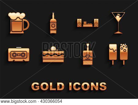 Set Cake, Martini Glass, Ice Cream, Whiskey Bottle, Retro Audio Cassette Tape, Home Stereo With Two 