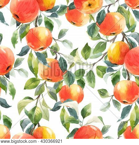 Beautiful Vector Seamless Pattern With Hand Drawn Watercolor Tasty Summer Red Apple Fruits. Stock Il