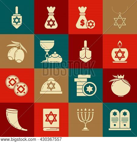 Set Tombstone With Star Of David, Pomegranate, Burning Candle In Candlestick, Jewish Money Bag Coin,