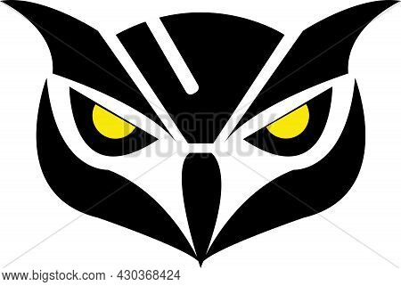 Vector Illustration Of Black Owl With Yellow Eyes, Great To Use For Aoutdoor Logos At Night