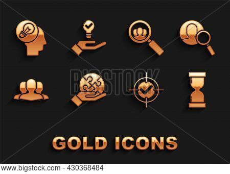 Set Piece Of Puzzle In Hand, Magnifying Glass For Search People, Old Hourglass With Flowing Sand, Ta