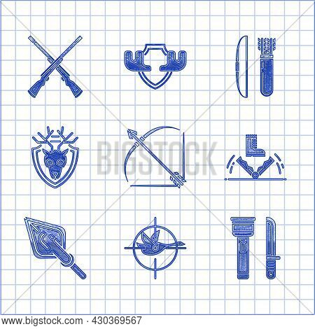 Set Bow And Arrow In Quiver, Hunt On Duck With Crosshairs, Flashlight Knife, Trap Hunting, Hipster T
