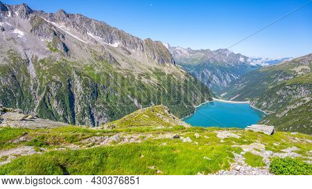 Beautiful Alpine Walley With Azure Blue Water Of Speicher Zillergrundl Dam, Zillertal Alps, Austria