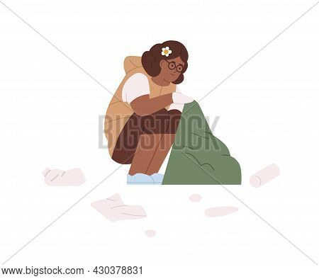 Child Collecting Litter Into Trash Bag. Dark-skinned Girl Picking Up Plastic Rubbish, Cleaning Stree