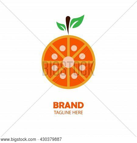 Vector Illustration Of Half A Yellow Orange Fruit, Green Leaves On It. Great For Food And Beverage L