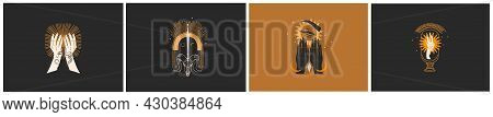 Hand Drawn Vector Abstract Flat Stock Graphic Illustrations Logo Emblem Collection Set With Magic As