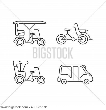 Vehicle For Hire Linear Icons Set. Bicitaxi. Three-wheel Bicycle. Tourists Transportation. Minibus. 