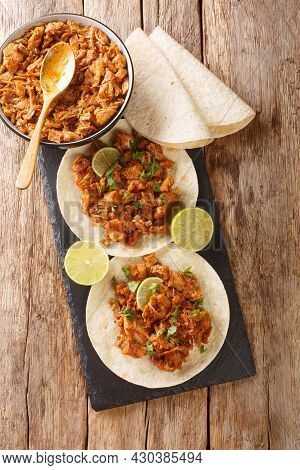 Chilorio Is A Pork Dish From The Mexican State Of Sinaloa Served With Tortilla And Lime Closeup In T